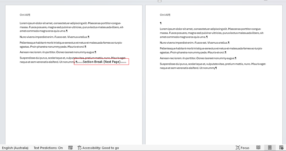 Section break example over two pages in Word